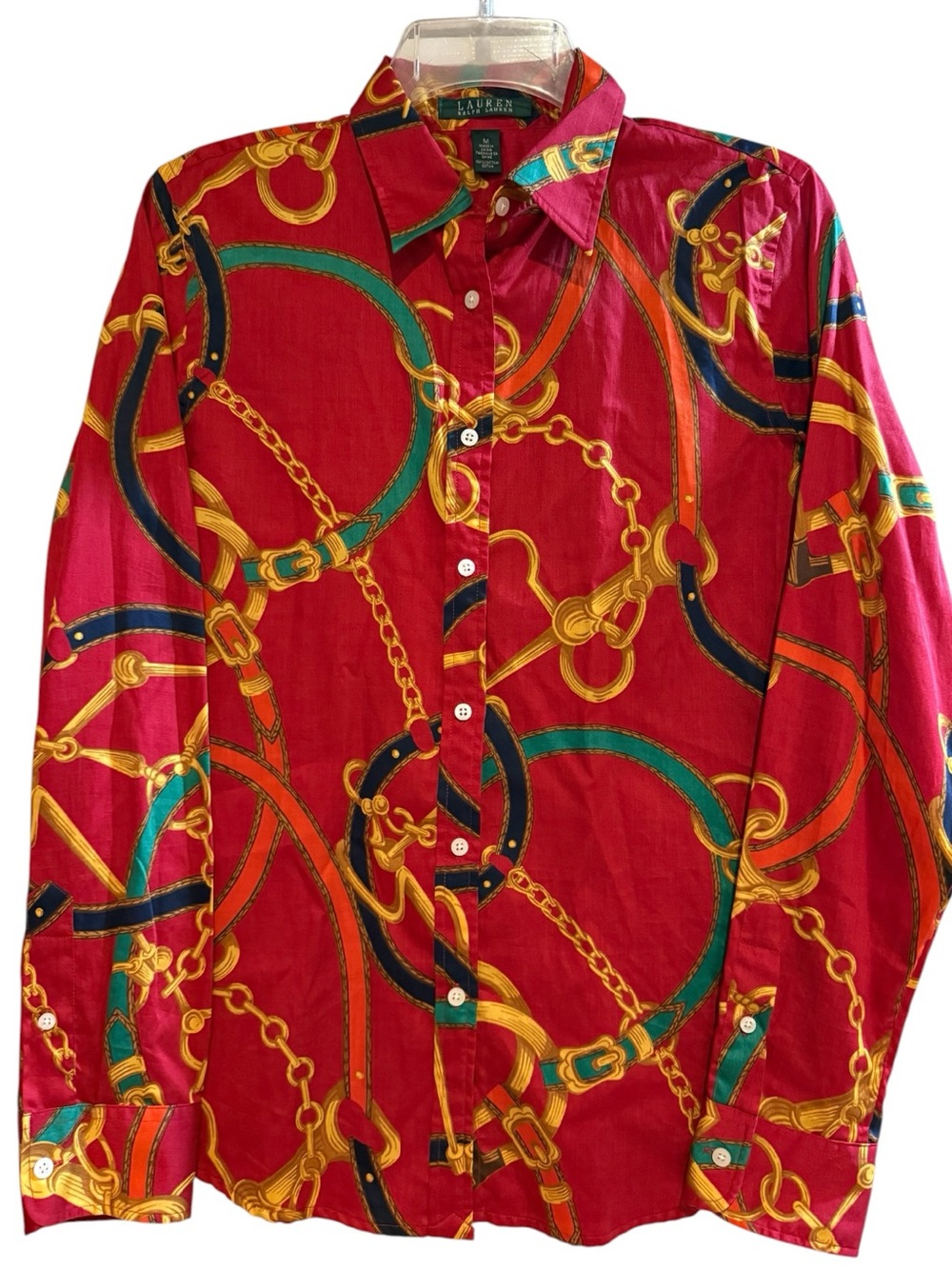 Lauren Ralph Lauren Equestrian Bridle Print Button Down Shirt medium wine color